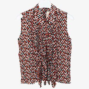 Marni Red Black Geometric Silk Ruffle Blouse